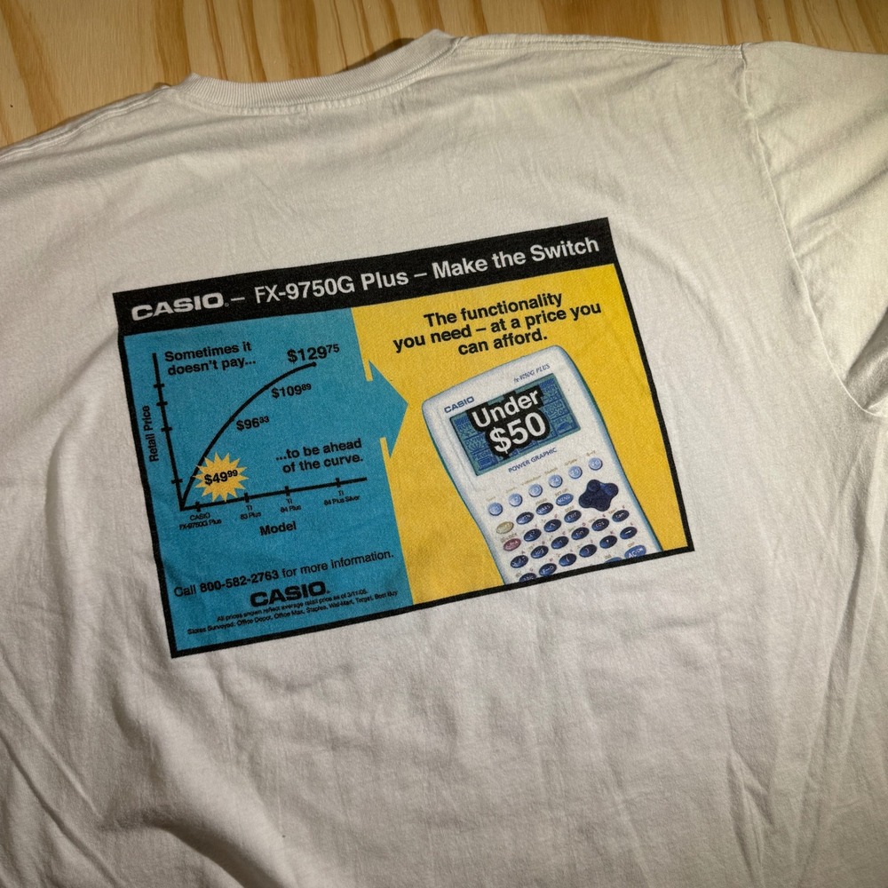 Casio Men's T-Shirt White Vintage Plus Calculator Promo Graphic Size XL